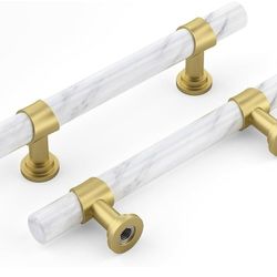 Rergy Cabinet Handles White Marble And Gold  Drawer Pulls