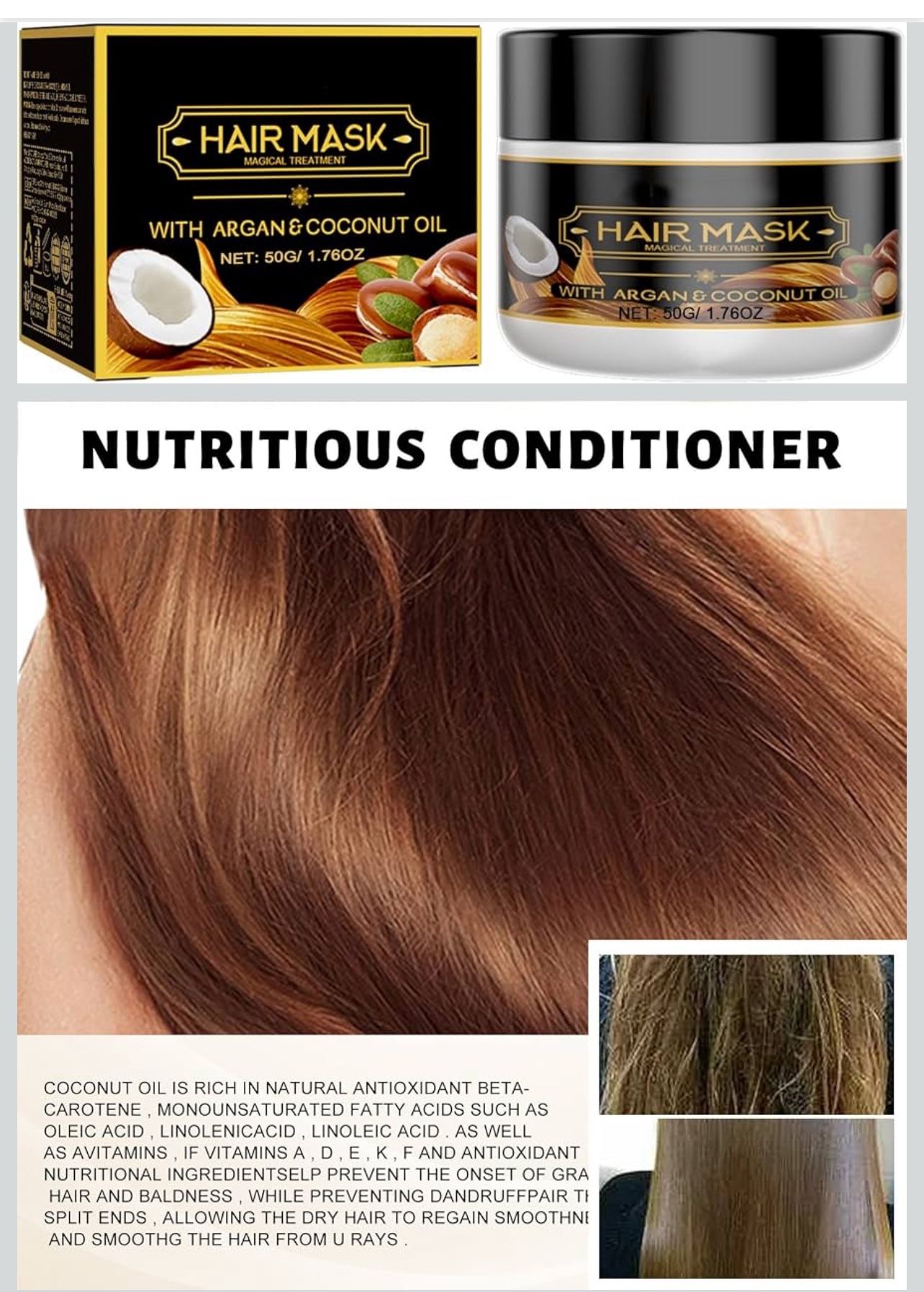 Hair Mask Treatment with Argan and Coconut Oil, Professional Repair Mask for Dry and Damaged Hair