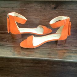 Low Heel Orange Suede Sandals 