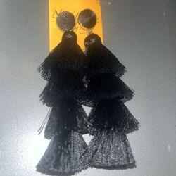 Baublebar Pierced Earrings Gabriela 4" Black Tiered Tassel Fringe Boho Dangles