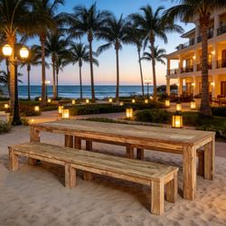 New 10’ Solid Teak Outdoor Reclaimed Teak Table And Reclaimed Backless Benches