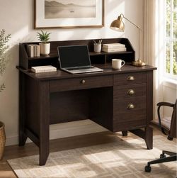 Computer Desk with 4 Drawers and Hutch, Home Office Desk with File Drawer, 44” Rustic Oak Wood Desk, Study Table for Bedroom, espresso
