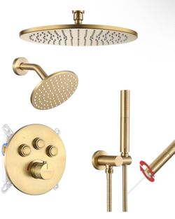 Thermostatic Shower Faucet Set Brushed Gold Shower System 12 Inch Shower Head Increased Thick & 6” shower head