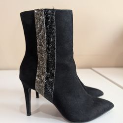 Material Girl Black Suede Heeled Boots with Silver Detail Stripe - Size 5
