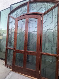 Biggest entry wood cherry stained glass French doors 96x128