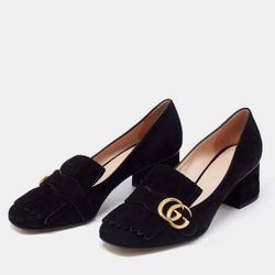 Gucci Suede Marmont Fringed Loafer Pumps - Size 35