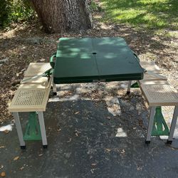 Vintage Portable Folding Briefcase Picnic Table And Benches Green Plastic