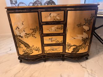 Chinoiserie Style Hand-Painted Leaf Crane Buffet