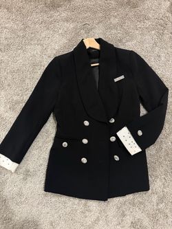 Blacks Double Breasted Blazer Shawl Lapel Rhinestone Buttons & Crystal Cuffs Jacket Size:M