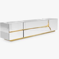 70” NEW DESIGN TV STAND MIRRORED WIYH GOLD DETAILS 