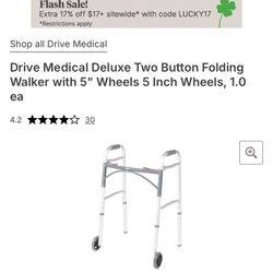 Drive Medical Deluxe Two Button Folding Walker with 5" Wheels 5 Inch Wheels, 1.0 ea