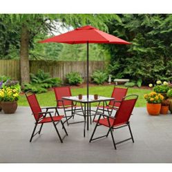Complete Outdoor Dining Set with Umbrella, Red
