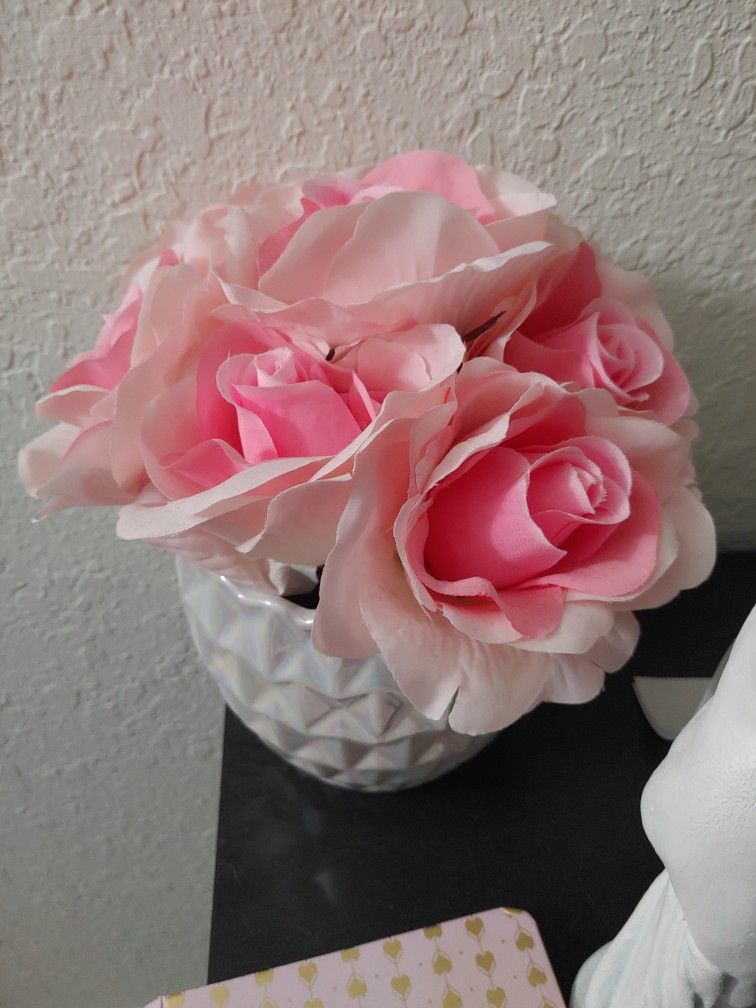 Decorative White Vase With Pink Flowers