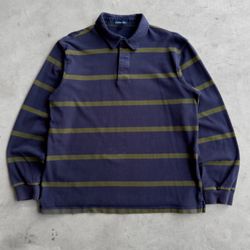 Vintage 90s Land’s End Striped Rugby Polo Long Sleeve Shirt - L
