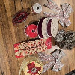 Decorate your own wreath, gift wrapping, fabric ribbons, bows, glittered acorns