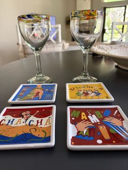 Vintage Pottery Barn “The Dance” Coasters + Hand-Blown Art Glass Wine Glasses – $55