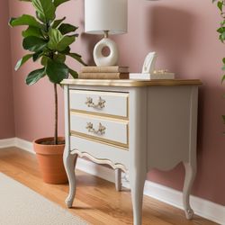 Glam Two-Toned Nightstand - Wood Top, Gold Accents - French Vintage