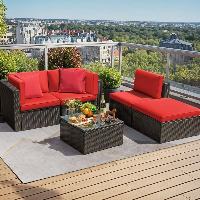 New 5 Pieces Patio Furniture Set Outdoor Patio Sectional Sofa Weaving Wicker Rattan All Weather PatiPatio Furniture Set with Cushion and Glass Table A