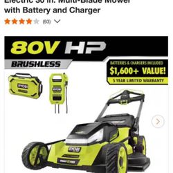 Ryobi 80V HP Brushless Battery Cordless Electric 30 in. Multi-Blade Mower with Battery and Charger
