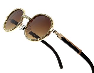 Sunglasses Brown Lens Oval Gold Frame Rhinestone Diamond Iced Shades Classic Hip Hop Shades