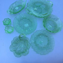 DEPRESSION GLASS Green Avocado and Pebble Leaf  22 Pieces Antique Vintage Set Lot Plate Glass 