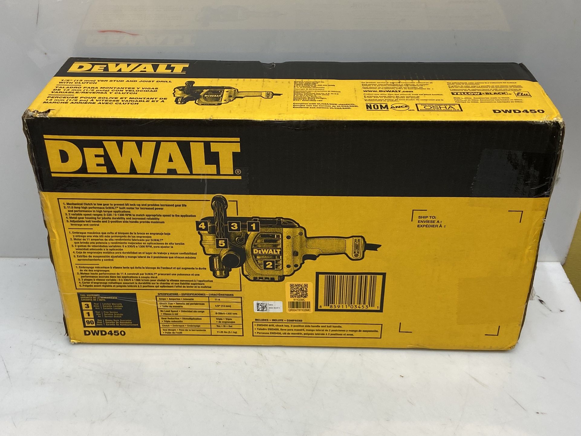 Dewalt DWD450 1/2inch VSR Stud & Joist Drill W Clutch