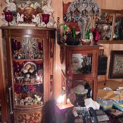 Antique  "French Curved Handpainted Display Cabinet With Brass Trim