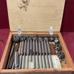 Vintage reamers rotary cutting tools with wood box