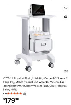 VEVOR 2 Tiers Lab Carts, Lab Utility Cart with 1 Drawer & 1 Top Tray, Mobile Medical Cart with ABS Material, Lab Rolling Cart with 4 Silent Wheels for