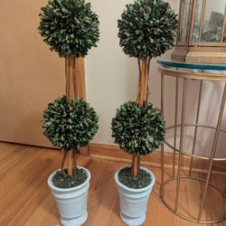 a preserved boxwood topiary set, with some likely being the Nearly Natural 2-foot Boxwood Topiary with 2 spheres
