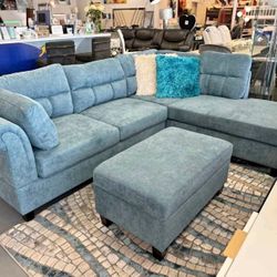 Blue Gray Sectional With Ottoman 