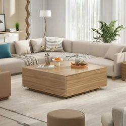 43” Square Coffee Table with Storage, 43" D x 43" W x 17" H Modern Large Square Center Table with 2 Drawers, Wood Coffee Table for Living Room, Light 