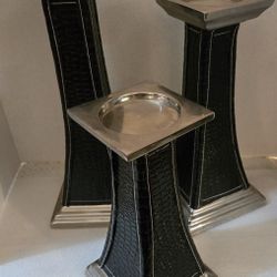 Heavy Metal & Black Leather Set Of Candle Holder, 
