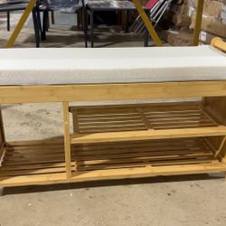 Natural Bamboo Shoe Storage Rack Bench, 2Tier Cushion Seat