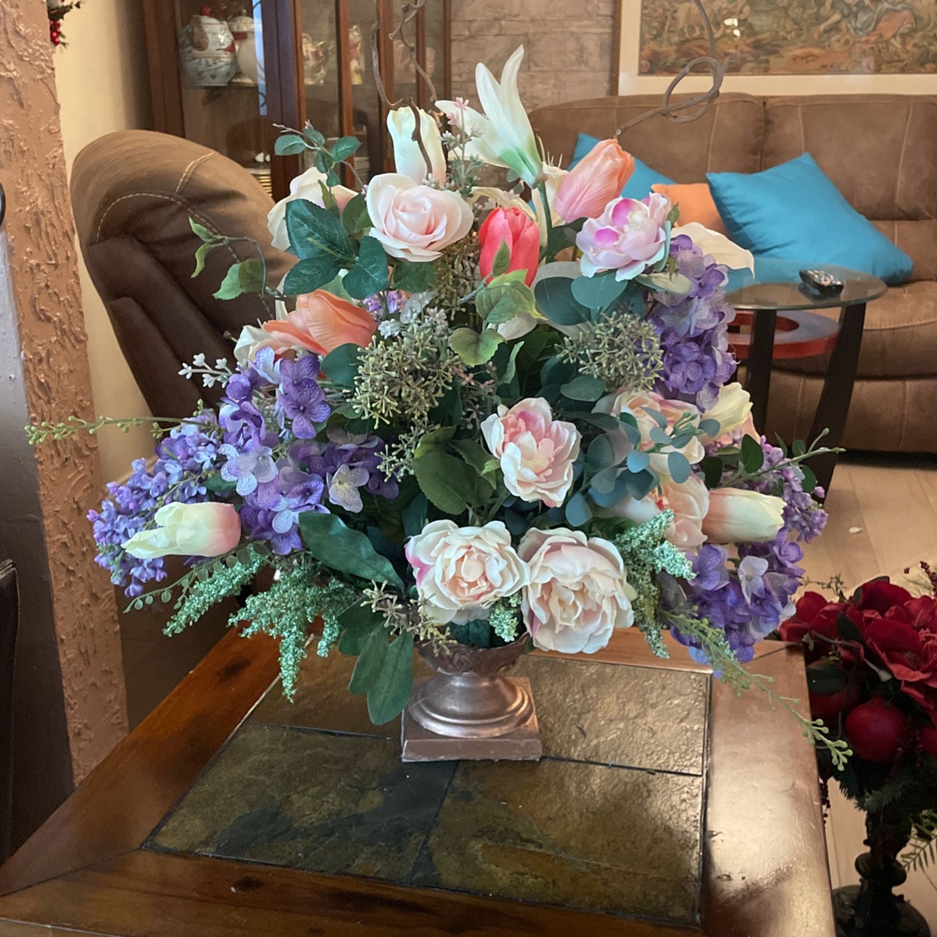 Multi Color Flower Arrangement With Brass Base