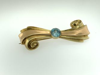 Vintage 1940's Retro Style 14K Gold Large 3D Brooch Pin With Natural Blue Zircon