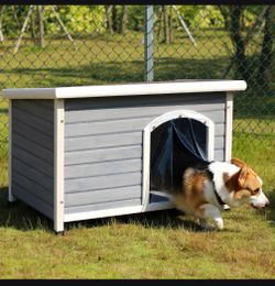 Medium Wooden Outdoor Dog House, Waterproof Roof, Elevated Floor, Adjustable Plastic Feet, Grey