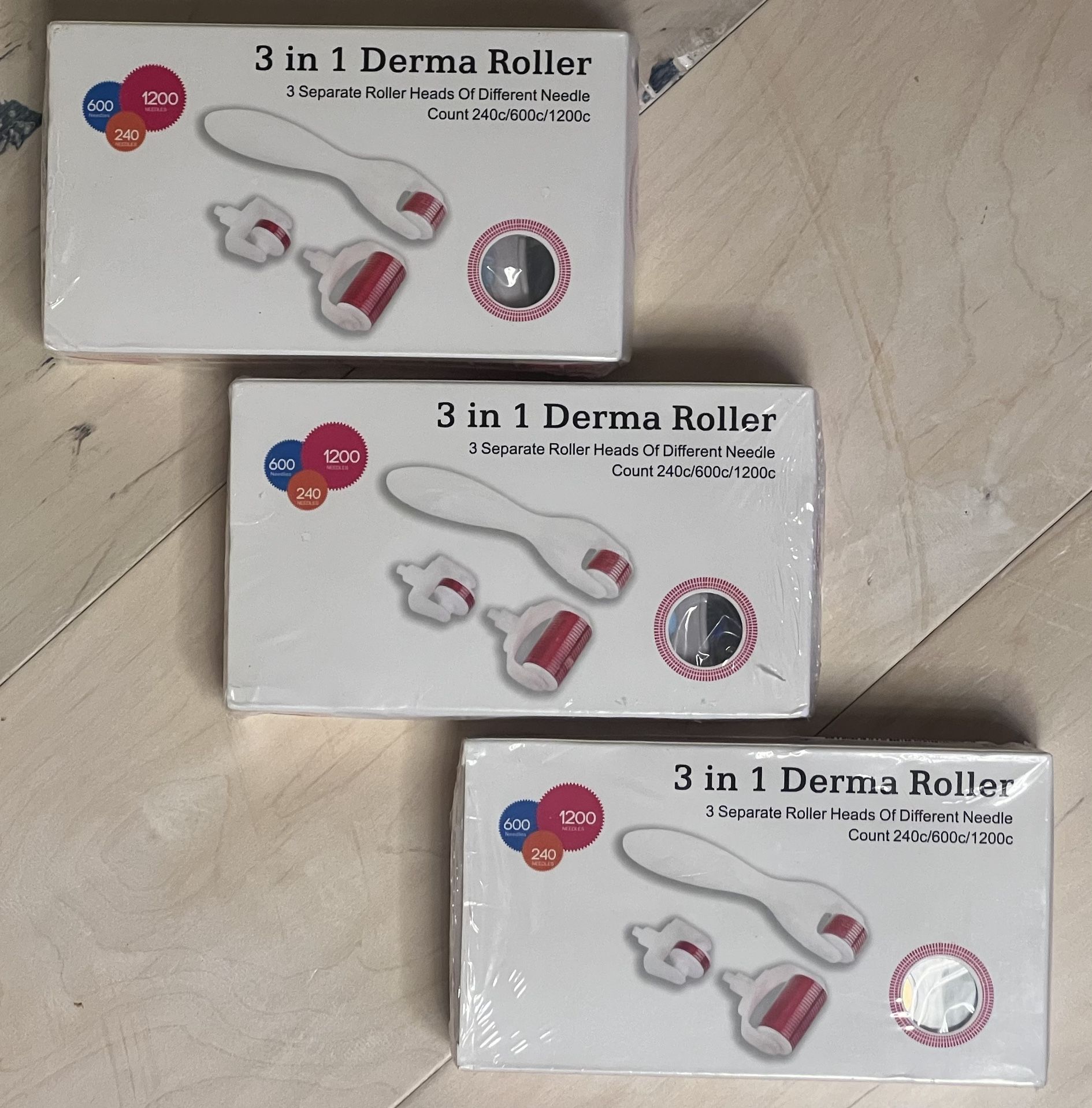 3 PACK! 3-in-1 Micro Needle Derma Roller Kits For Face & Body .5mm/1.0mm/ 1.5mm