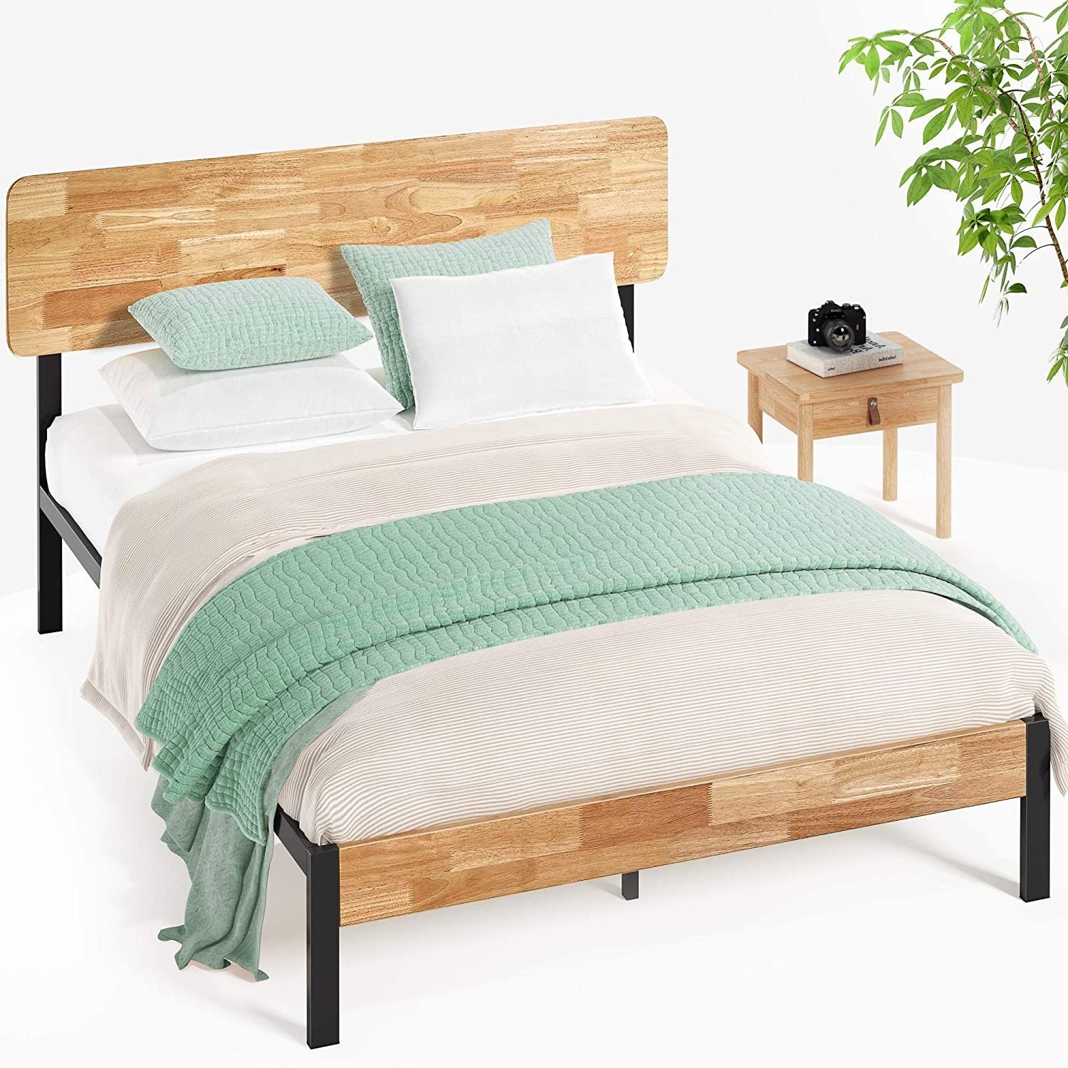 Twin Size Metal and Wood Platform Bed with Wood Slat Support