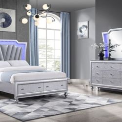Victoria Silver Collection Queen Upholstered Bedroom Set with Mattress headboard LED Lights dreeser mirror headboard Mattress
