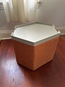 Blu Dot Hecks Ottoman + Original Hecks Tray — Terracotta Leather.