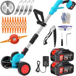 Cordless Electric Weed Trimmer, Battery Operated, Lightweight, Cordless, with 2 x 4.0 Ah Batteries and Wheels, 3-in-1 Cordless Grass Trimmer/