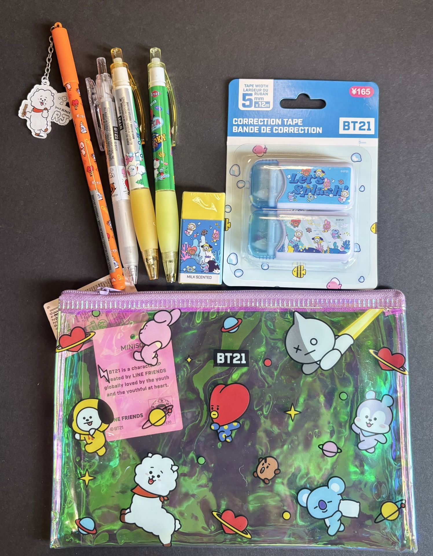 Miniso BT21 Collection PVC Stationary Case & BT21 Writing Utensils 7-Piece Set
