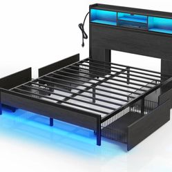  Queen Bed Frame with Storage Headboard, Metal Platform Charging Station, LED 4 Drawers, Bookcase Storage, No Box Spring Needed, Easy Assembly, Noise-