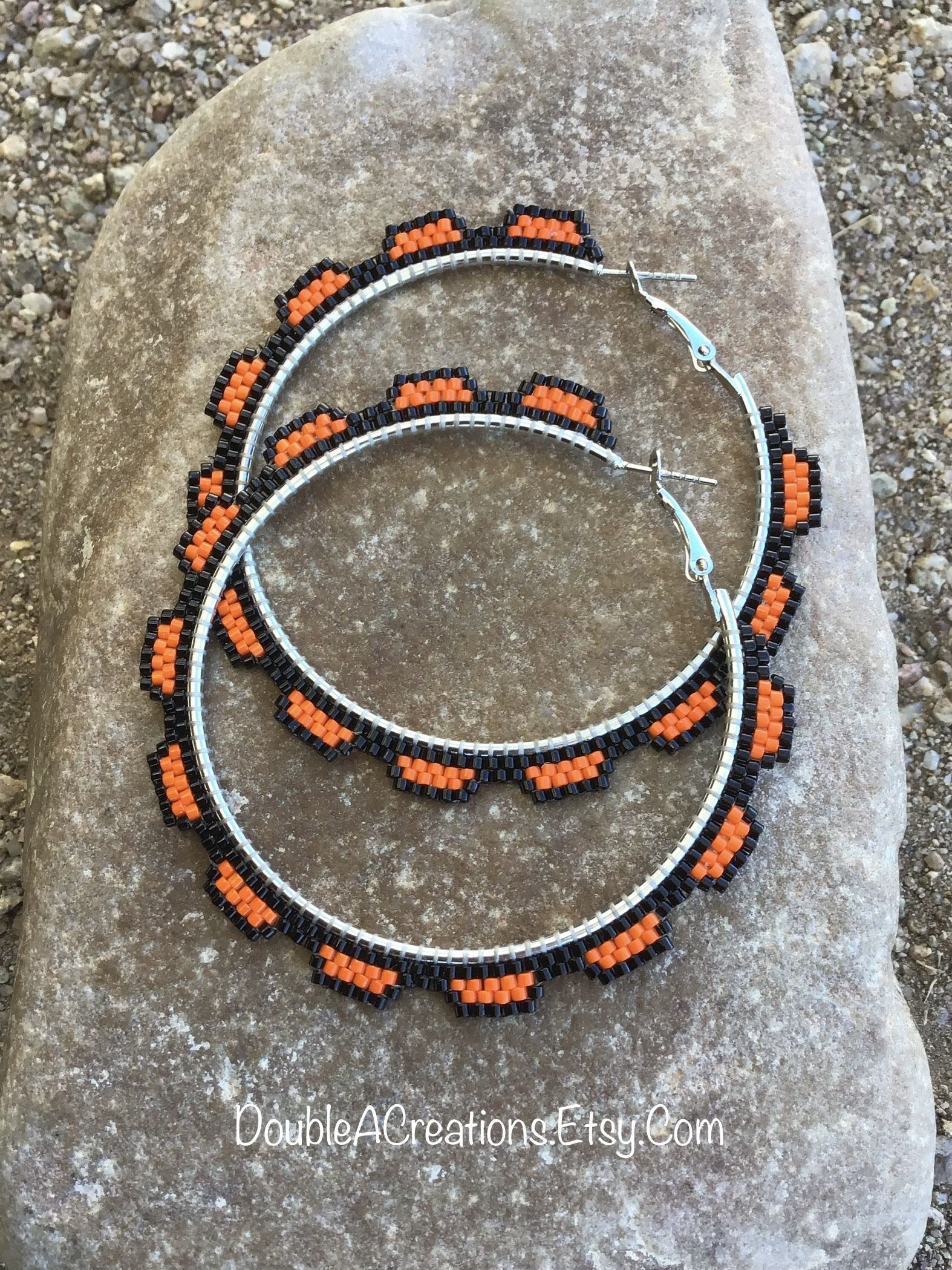 Orange And Black 3” Beaded Hoops, New, Handmade By Me
