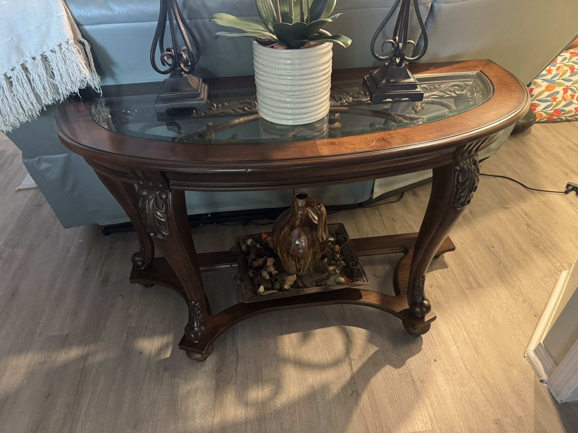 Solid wood, glass and iron entrance table! This table will add elegance to any home!