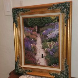 VINTAGE ORNATE MADE IN MEXICO WOODEN FRAME FLORAL FLOWER GARDEN CAT PICTURE ART DECOR