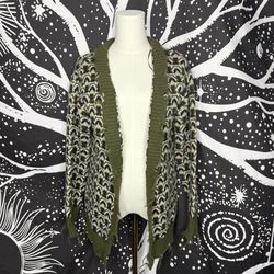 BKE Destructed Cardigan Sweater Geometric Print Sharkbite Trim Small  Multicolor