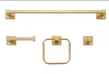 Positano 4-Piece Bath Hardware Set with Towel Bar, Towel Ring, Robe Hook, and Toilet Paper Holder in Matte Brass