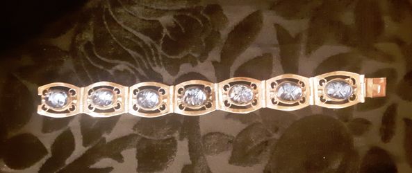 TAXCO, MEXICO - Vintage, STERLING SILVER FILIGREE BRACELET w/Blue Etched CRYSTAL Stones c1930 to 40 Marked TNC